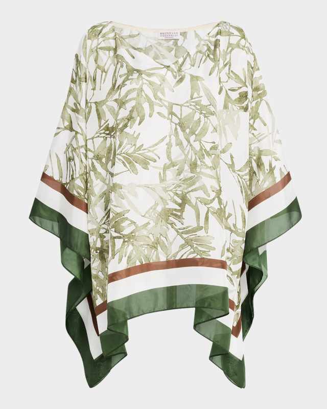 Herbarium-Print Silk Poncho